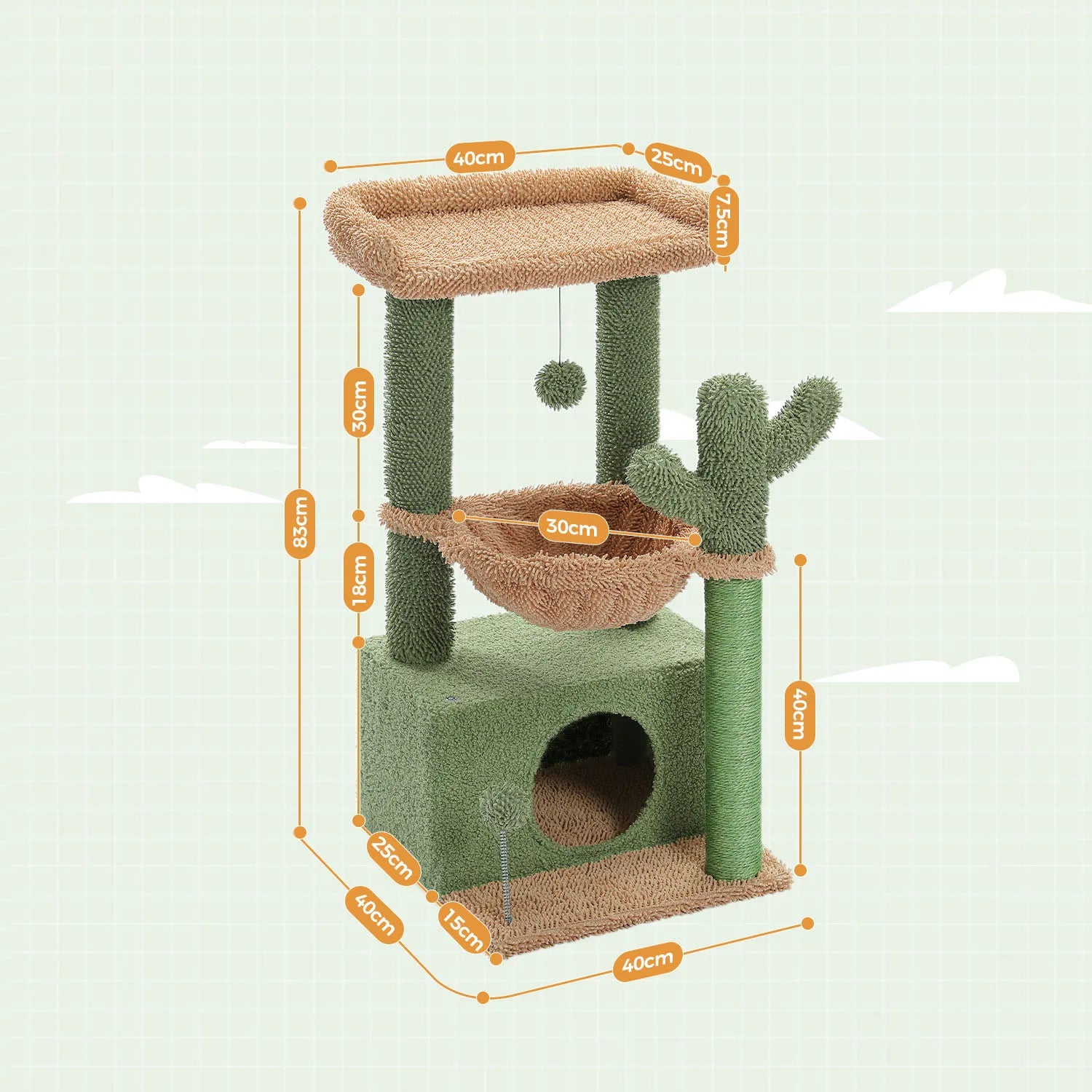 4-in-1 Cactus Cat Tree for Indoor Cat, Small Cat Tower with Large Condo, Scratching Post, Deep Hammock, Cozy Top Perch, Cat Toys