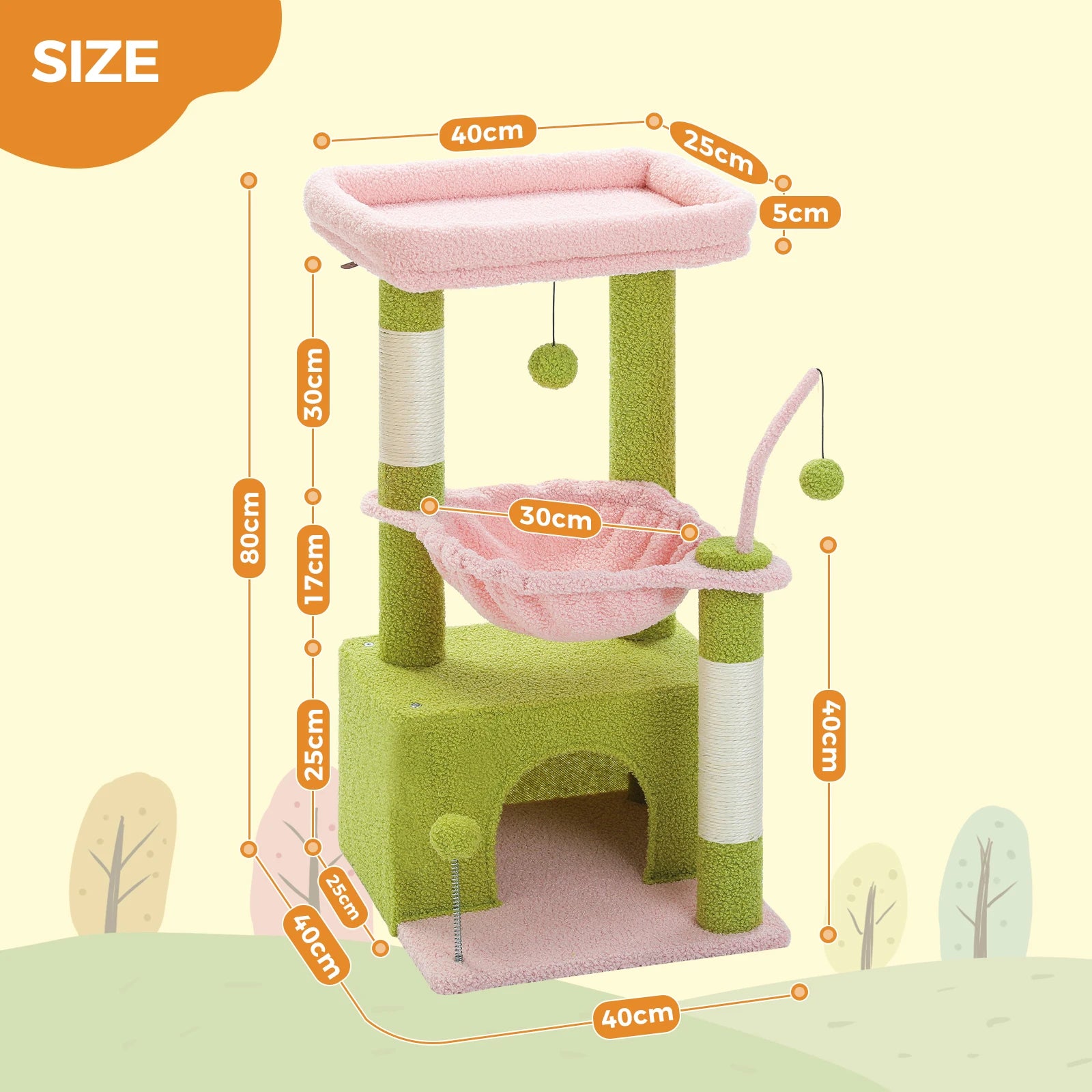 4-in-1 Cactus Cat Tree for Indoor Cat, Small Cat Tower with Large Condo, Scratching Post, Deep Hammock, Cozy Top Perch, Cat Toys