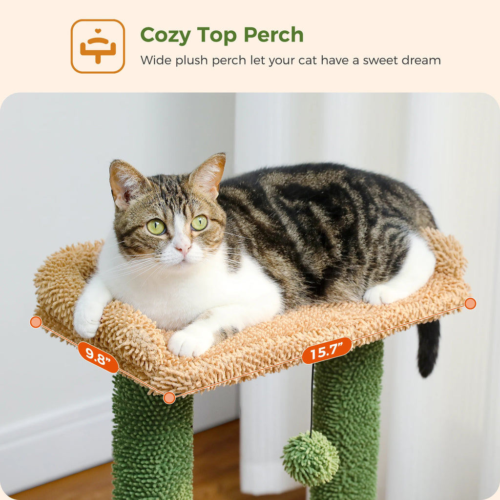 4-in-1 Cactus Cat Tree for Indoor Cat, Small Cat Tower with Large Condo, Scratching Post, Deep Hammock, Cozy Top Perch, Cat Toys