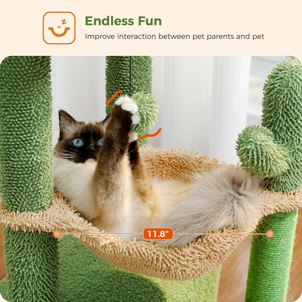 4-in-1 Cactus Cat Tree for Indoor Cat, Small Cat Tower with Large Condo, Scratching Post, Deep Hammock, Cozy Top Perch, Cat Toys