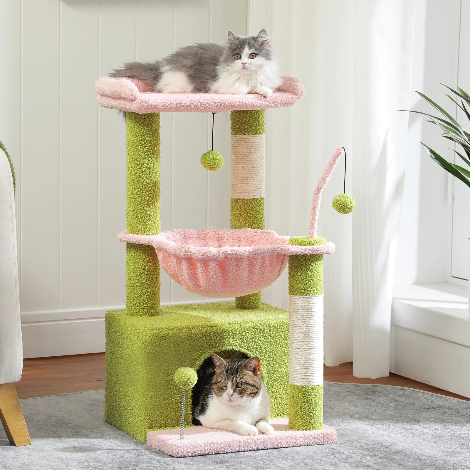 4-in-1 Cactus Cat Tree for Indoor Cat, Small Cat Tower with Large Condo, Scratching Post, Deep Hammock, Cozy Top Perch, Cat Toys