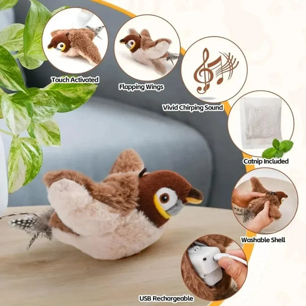 Interactive Cat Toy Flapping Bird with Catnip Rechargeable Simulation Bird Cat Toys Touch Activated Fluffy Plush Toys for Cats