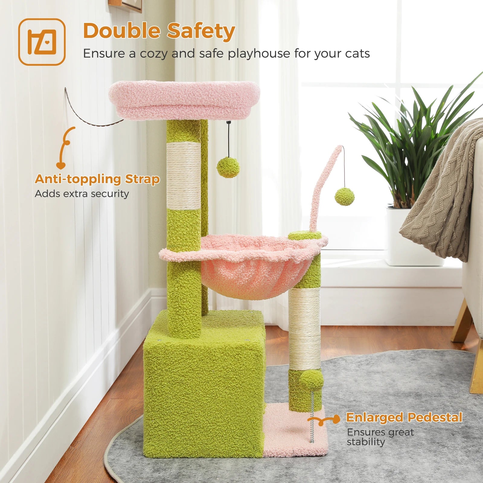 4-in-1 Cactus Cat Tree for Indoor Cat, Small Cat Tower with Large Condo, Scratching Post, Deep Hammock, Cozy Top Perch, Cat Toys