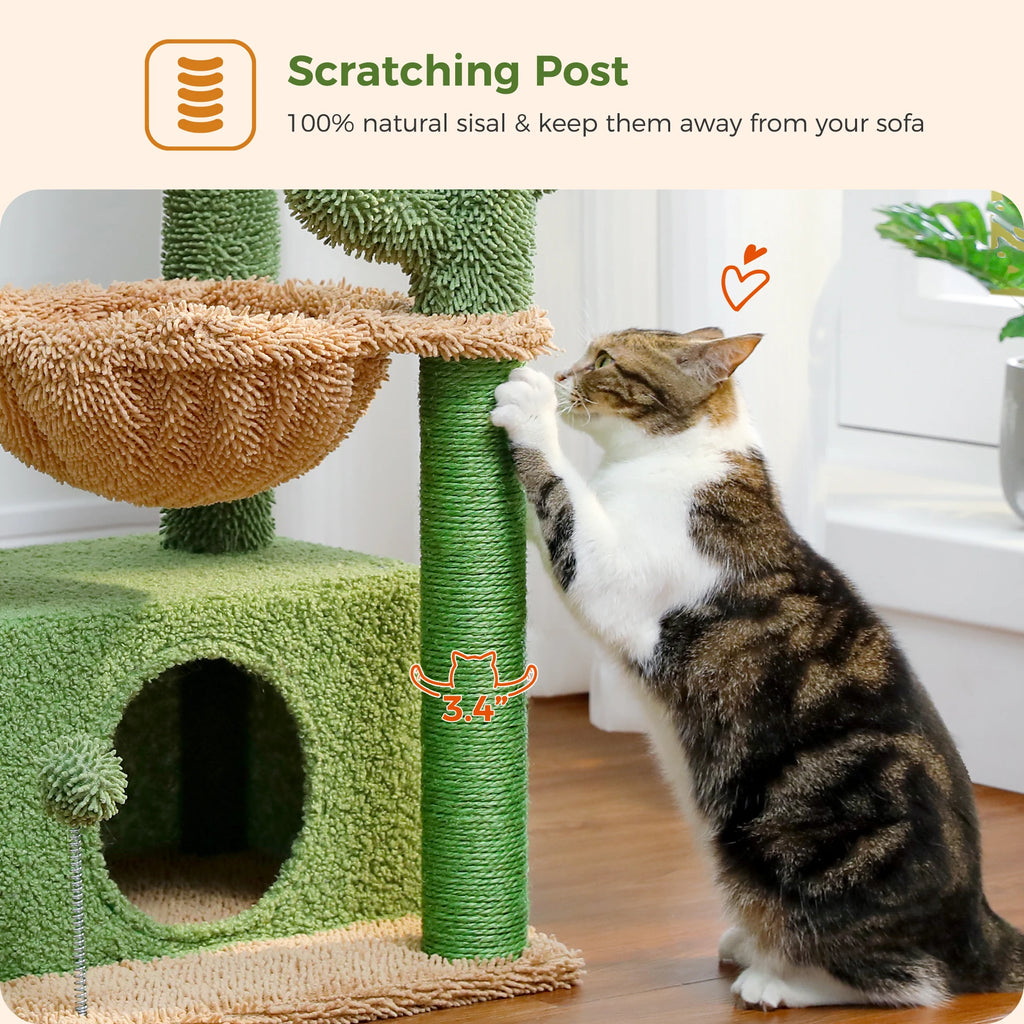 4-in-1 Cactus Cat Tree for Indoor Cat, Small Cat Tower with Large Condo, Scratching Post, Deep Hammock, Cozy Top Perch, Cat Toys