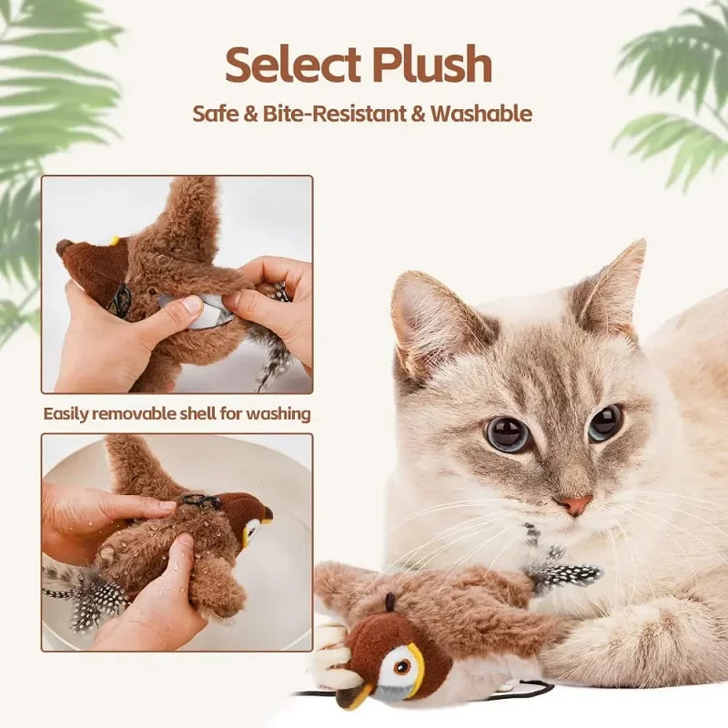 Interactive Cat Toy Flapping Bird with Catnip Rechargeable Simulation Bird Cat Toys Touch Activated Fluffy Plush Toys for Cats