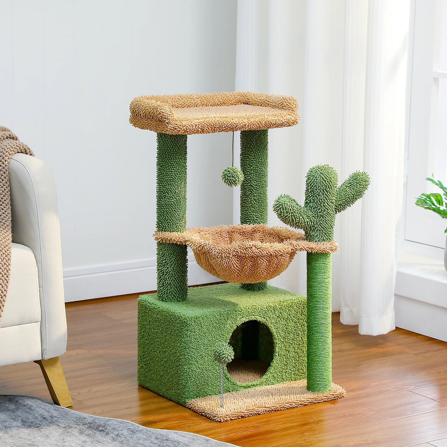 4-in-1 Cactus Cat Tree for Indoor Cat, Small Cat Tower with Large Condo, Scratching Post, Deep Hammock, Cozy Top Perch, Cat Toys