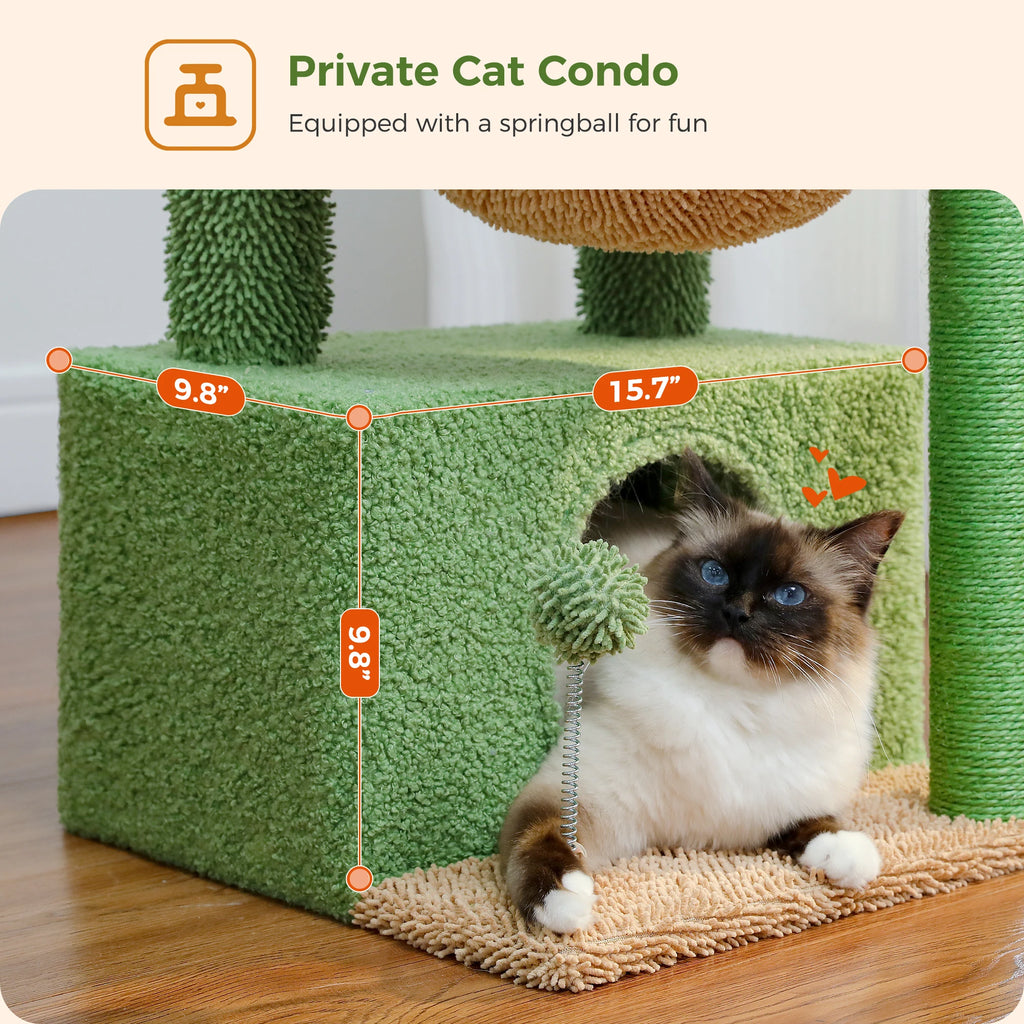 4-in-1 Cactus Cat Tree for Indoor Cat, Small Cat Tower with Large Condo, Scratching Post, Deep Hammock, Cozy Top Perch, Cat Toys
