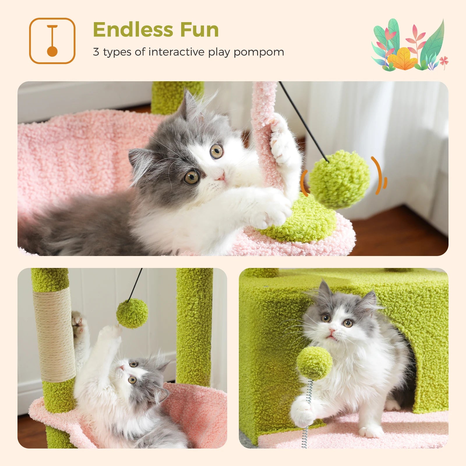 4-in-1 Cactus Cat Tree for Indoor Cat, Small Cat Tower with Large Condo, Scratching Post, Deep Hammock, Cozy Top Perch, Cat Toys